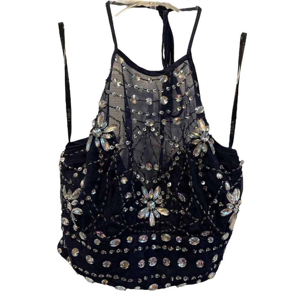 B. Darlin Crystal Navy Blue Bandeau Halter Top. Size 3/4